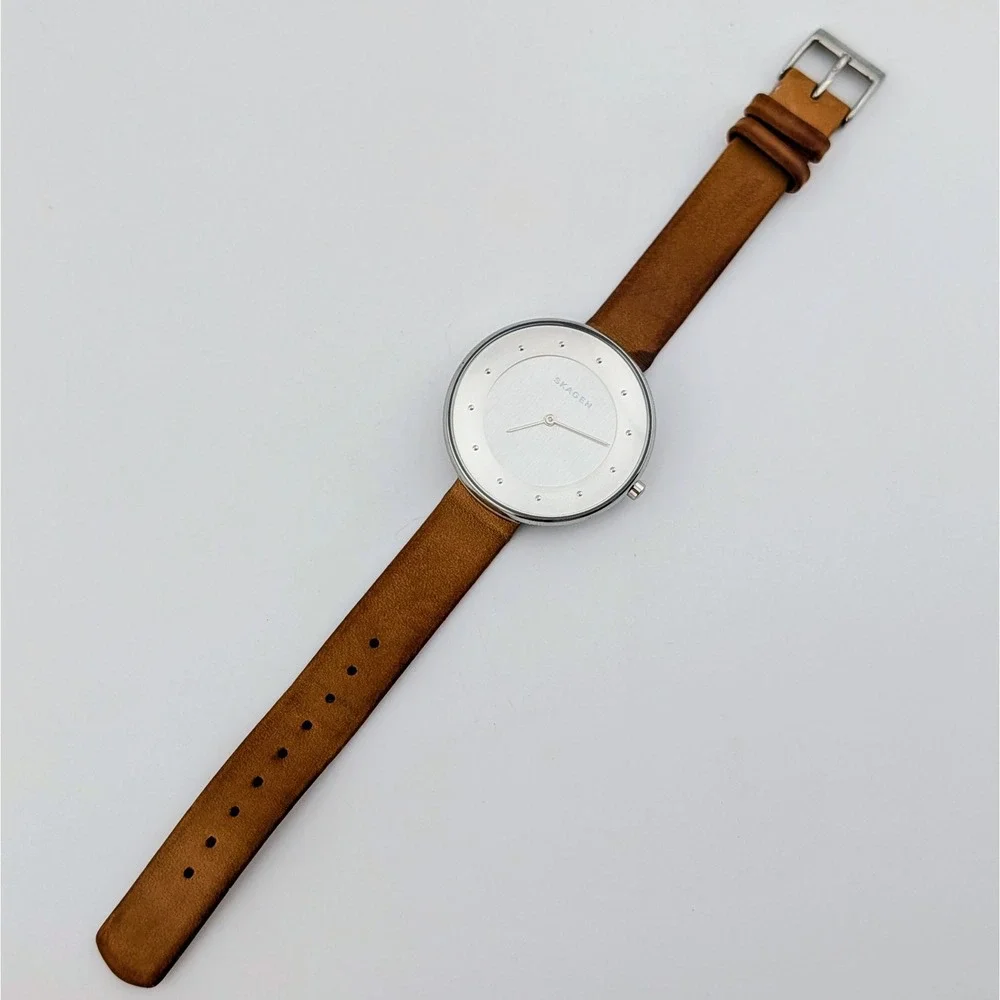 Skagen Gitte SKW2326 Women's Minimalist Silver Dial Brown Leather Watch 38mm